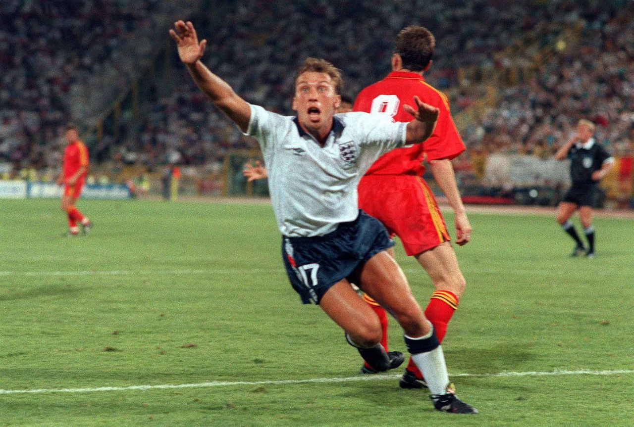 David Platt celebrates after scoring for England against Belgium in the last 16 of the 1990 World Cup