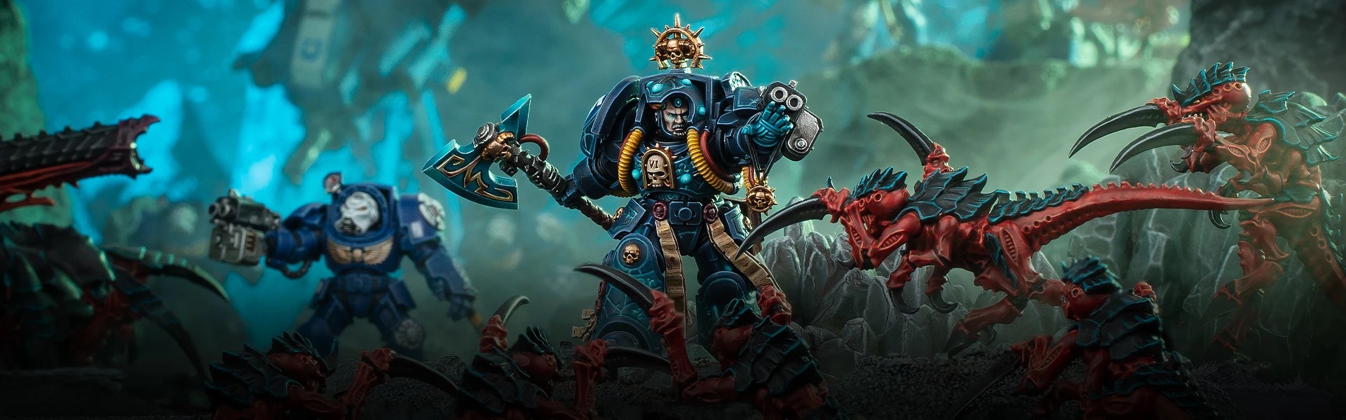 Space Marines in Terminator armor face off with Tyranids