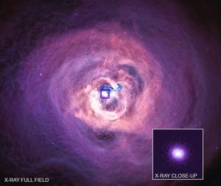 A view of the Perseus galaxy cluster from NASA's Chandra X-ray Observatory. Scientists studied this galaxy cluster for signs of ultra-low-mass particles that would help support string theory.
