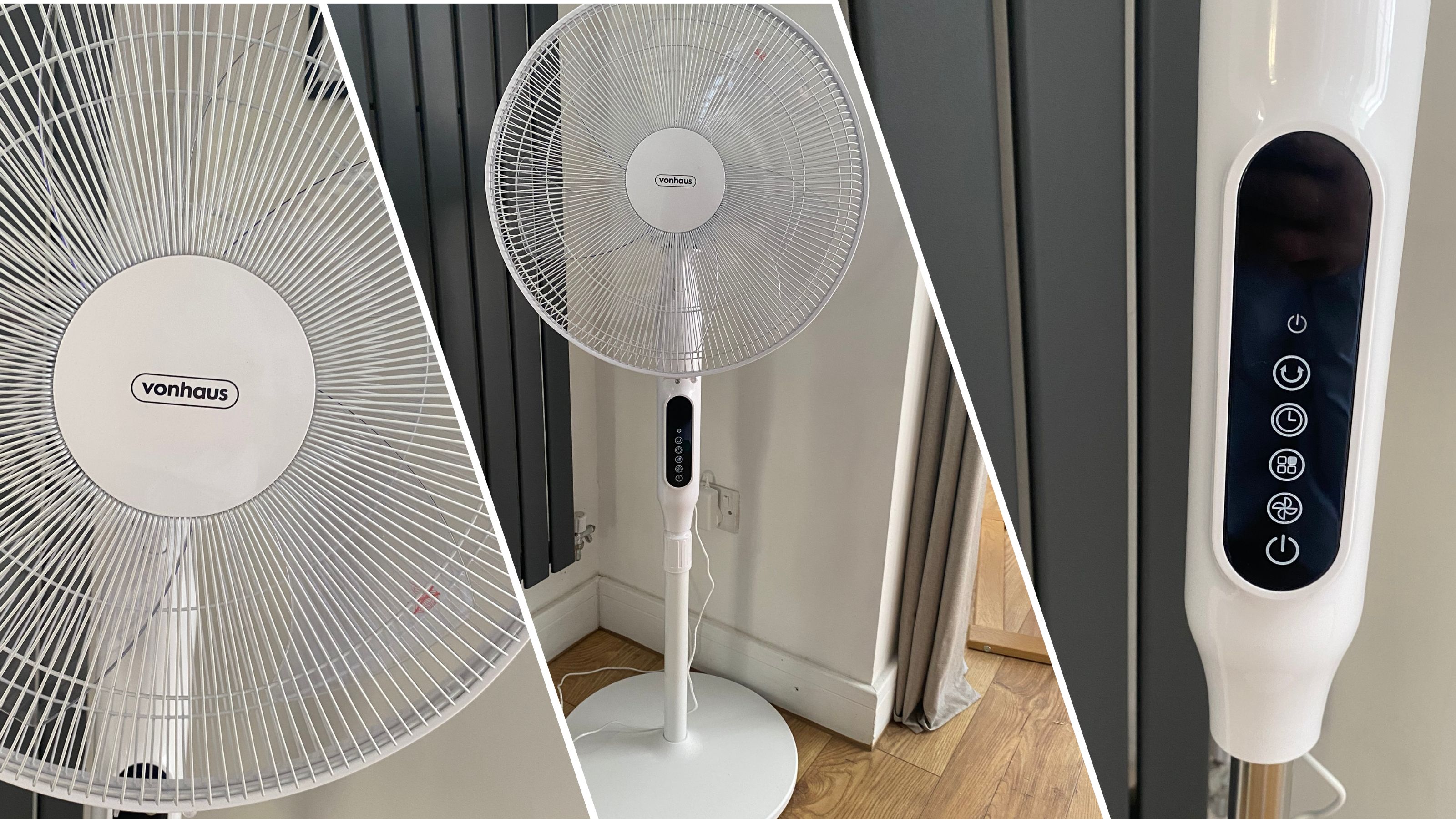 Spliced image showing the fan head of the Vonhaus 16'' pedestal fan, the fan at it's lowest height, and the control panel