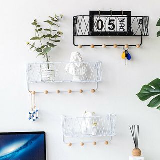 Metal Wire Wooden Wall Shelf Rack Storage Unit Basket With Hooks Hanging Hanger