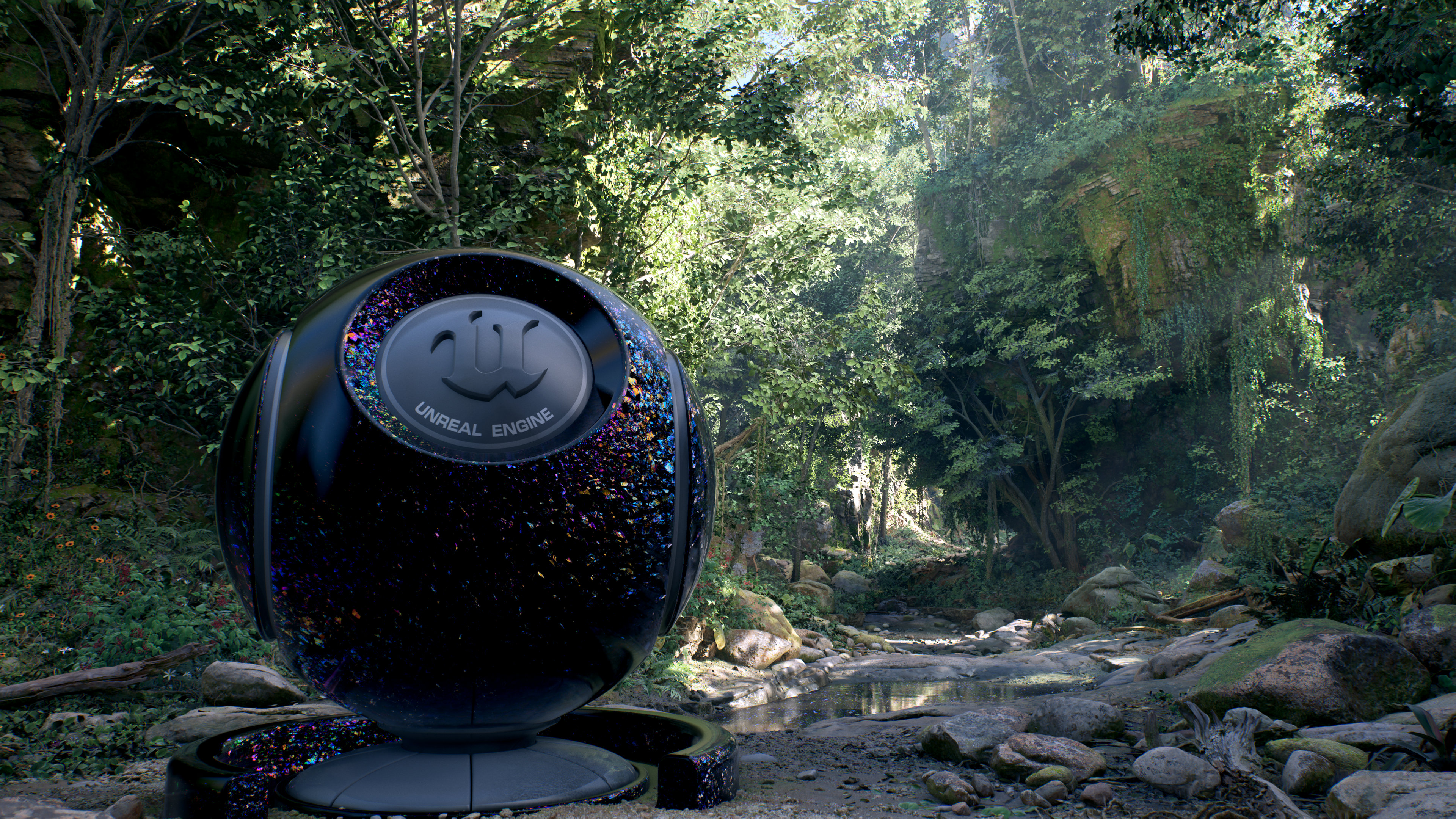 A screenshot of the Epic Games Electric Dreams Environment demo for Unreal Engine 5.8, with Lumen Lite being used for global illumination and reflections