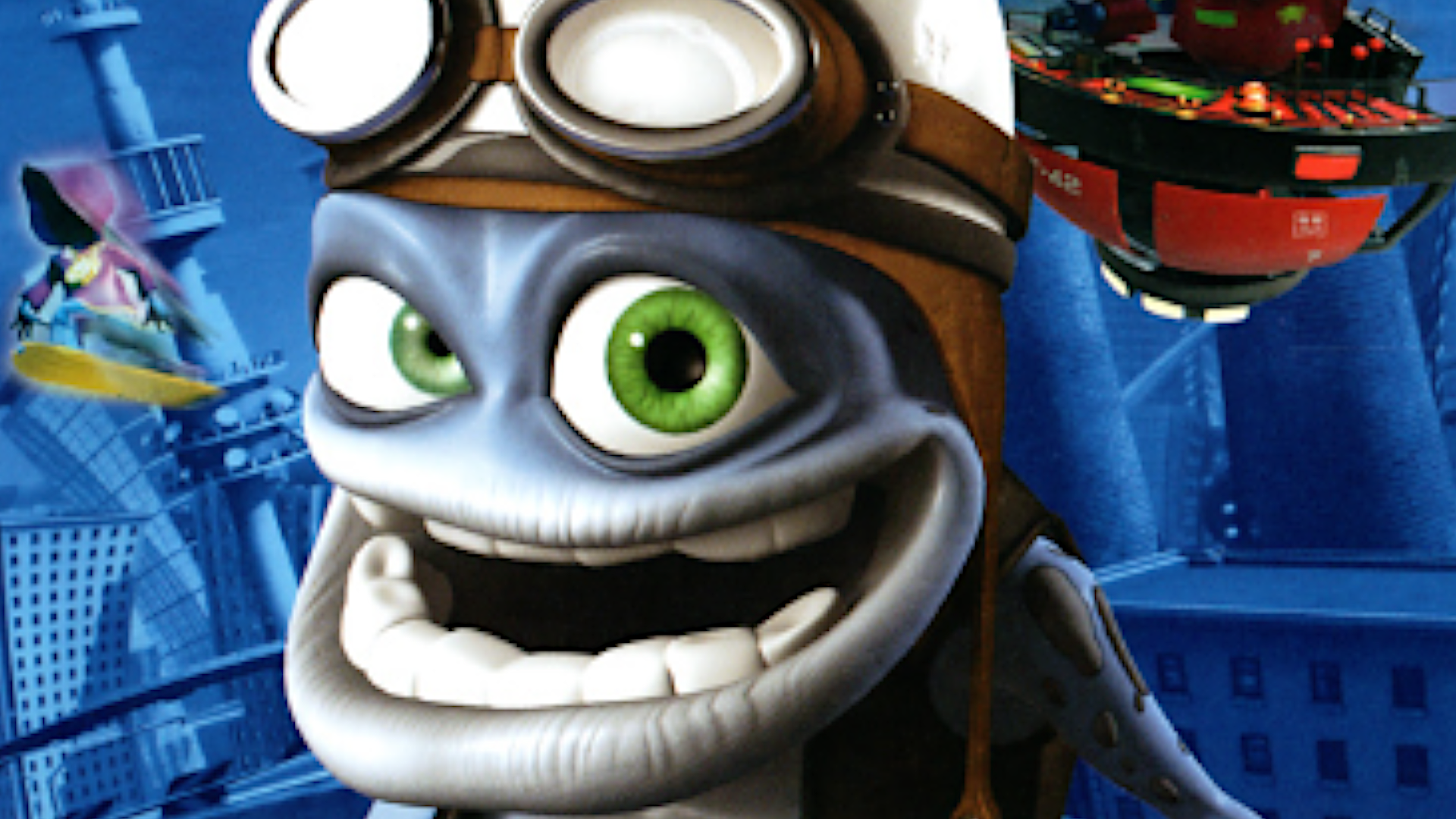 An image of Crazy Frog used for Crazy Frog Racer on the PS2, his wide, open mouth drawn into an unsettling grimace.