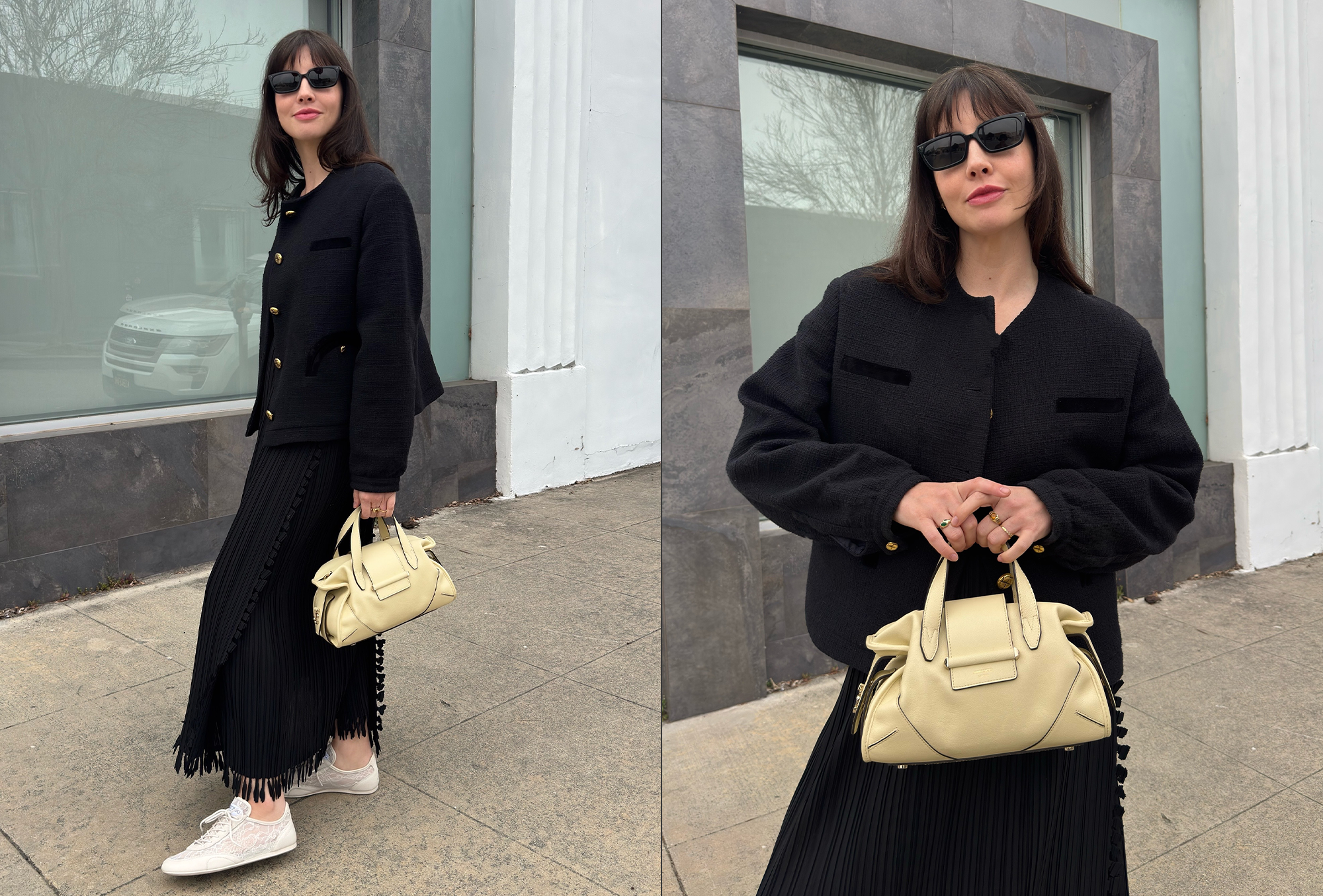 Kat Collings posing in Jimmy Choo sneakers and handbag.