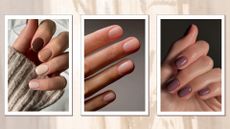 Three hands pictures with neutral manicures, including a brown and cream gradient look, a soft milky pink and a mauve by nail artists @gel.bymegan and @matejanova/ in a cream abstract template