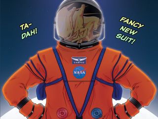 Art from NASA's free comic celebrating Moonikin Campos and Artemis 1.