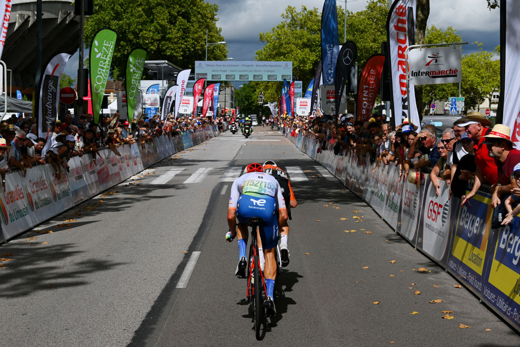 LIMOGES FRANCE AUGUST 19 LR Sandy Dujardin of France and Team Total Energies and Morne Van Niekerk of South Africa and Team St Michel Auber 93 compete in the breakaway during the 55th Tour du Limousin Nouvelle Aquitaine 2022 Stage 4 a 1748km stage from Saint Laurent sur Gorre to Limoges 289m TDL2022 on August 19 2022 in Limoges France Photo by Dario BelingheriGetty Images