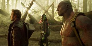 Chris Pratt, Zoe Saldana, and Dave Bautista in Guardians of the Galaxy Vol. 2