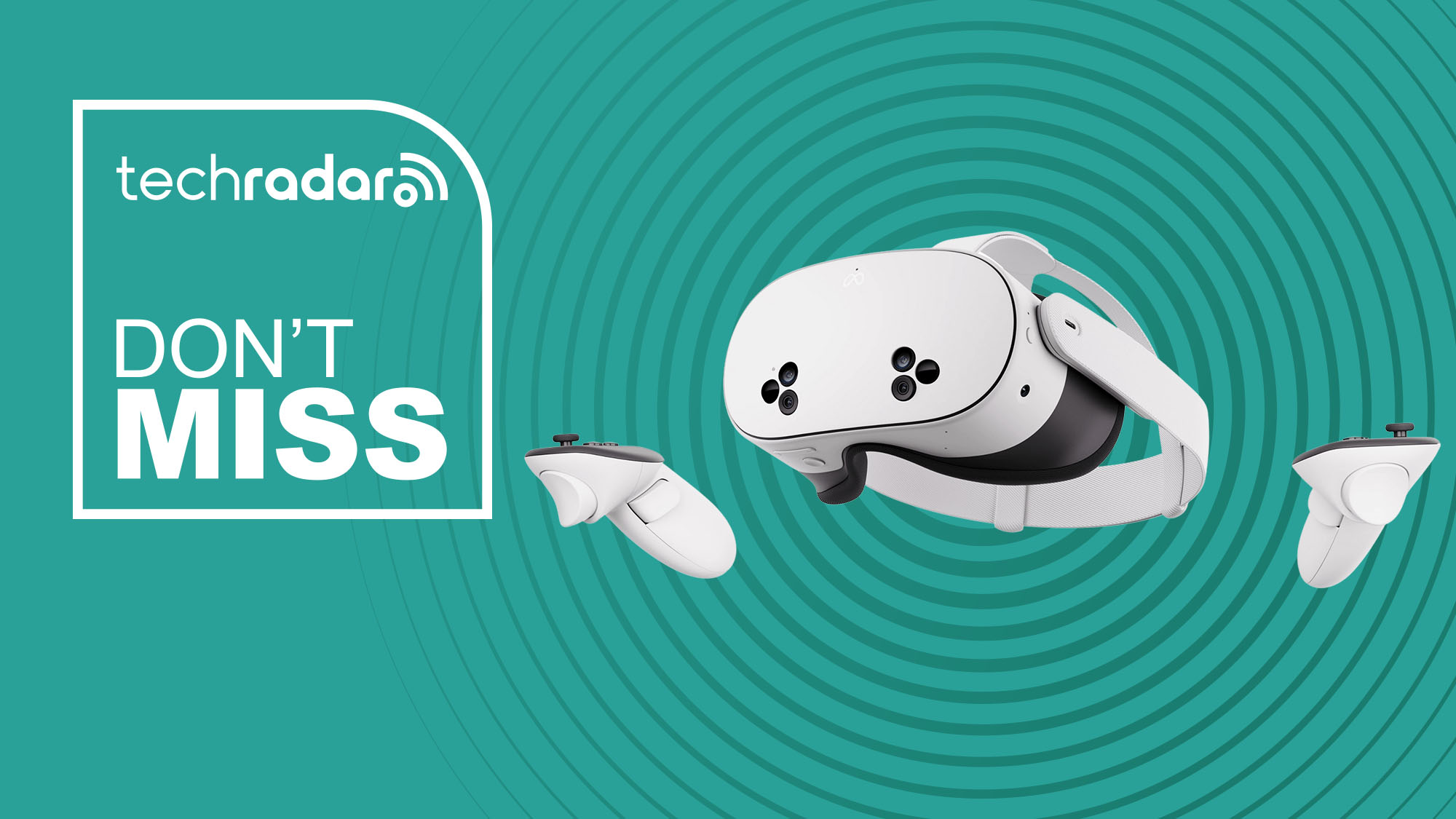 Meta Quest 3S VR headset on cyan background with TechRadar don&#039;t miss sign
