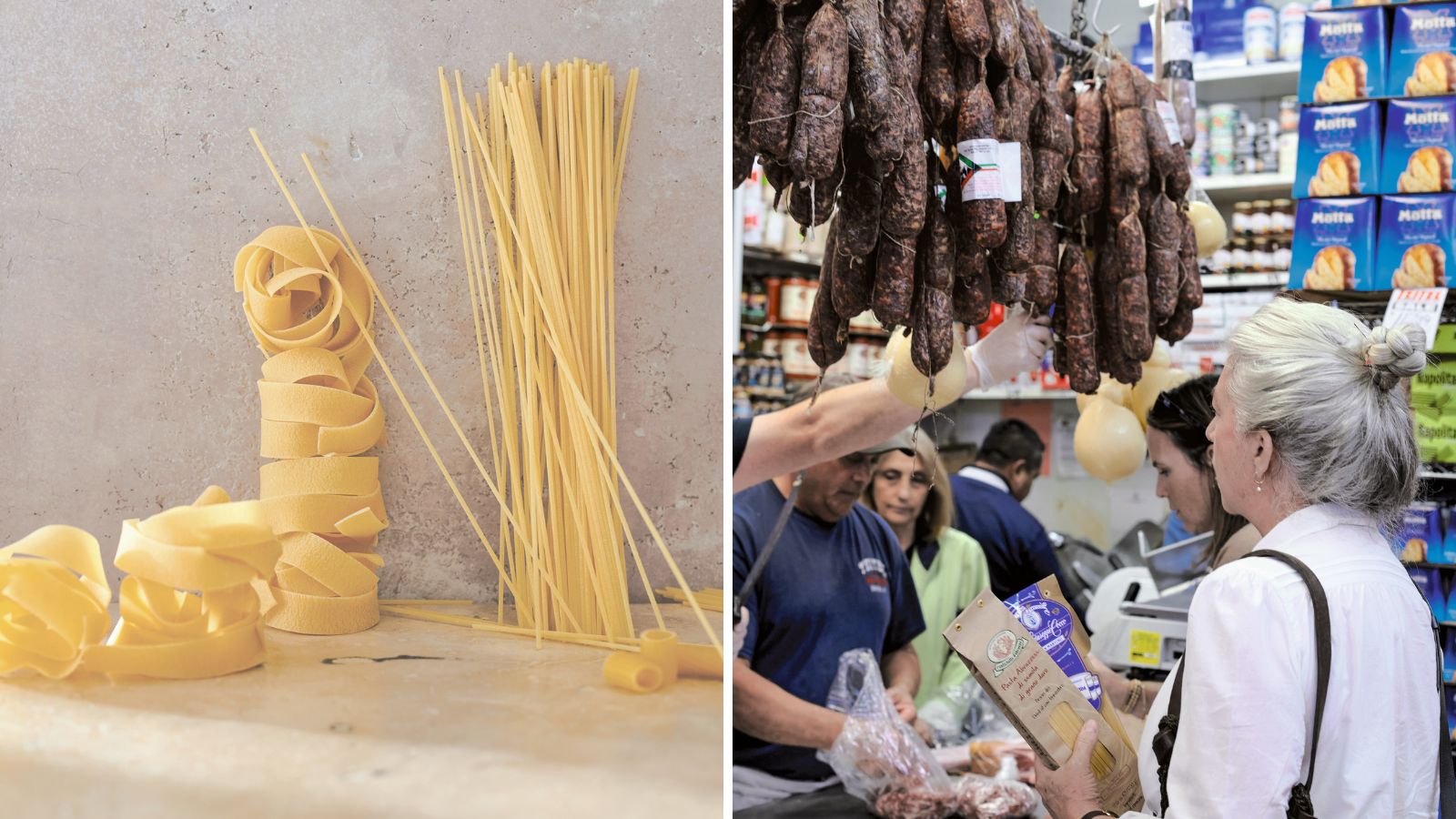 Dried pasta and Lucinda Scala Quinn shopping at a market