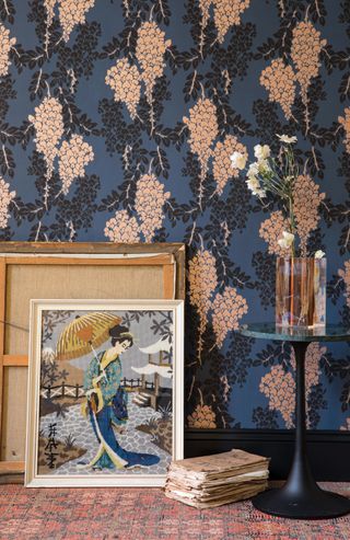 living room with patterns and prints, floral wallpaper and textured rug by farrow & ball