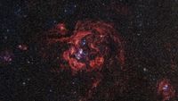 An image of a red swirling galaxy with many individual stars visible