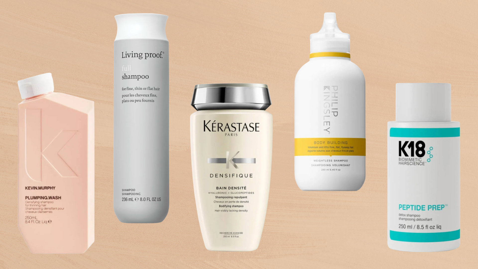 Collage of five of the best shampoos for fine hair from (left to right) Kevin Murphy, Living Proof, Kerastase, Philip Kingsley and K18, set against a warm beige painterly background