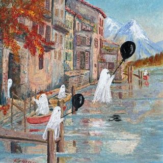 Ghosts painted onto waterscape city painting