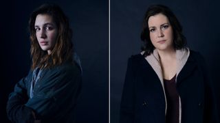 A split image of Sophie Nélisse as teen Shauna and Melanie Lynskey as adult Shauna, in 'Yellowjackets.'