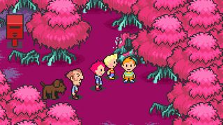 Mother 3 screenshot showing the main cast in a pink forest.