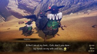 Dialogue from a side quest in Shin Megami Tensei V: Vengeance, with bird demon Halphas defending his wife and son.