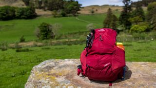 A Gregory Jade LT 24 backpack sits on a rock with fields in the background.