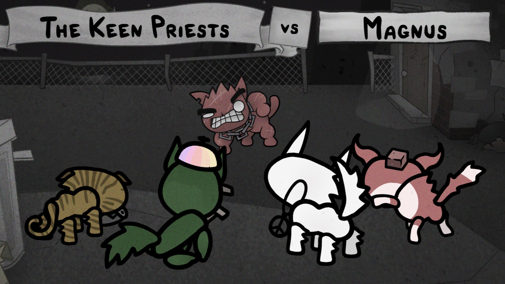 Four cats about to fight the boss Magnus in Mewgenics.