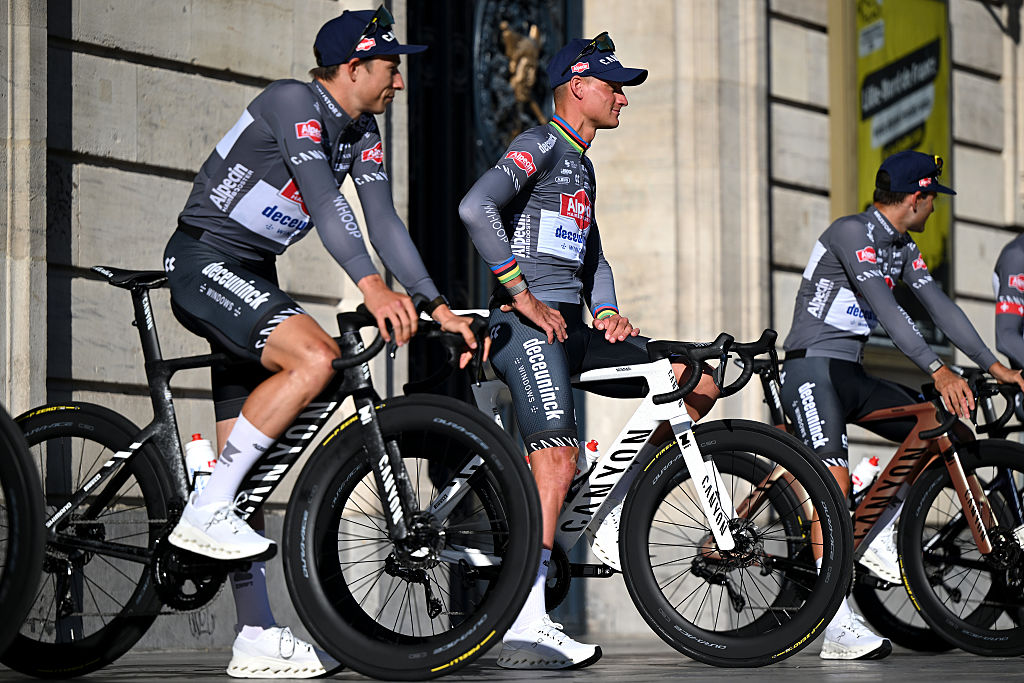 LILLE, FRANCE - JULY 03: Mathieu Van Der Poel of Netherlands and Team Alpecin - Deceuninck during the team presentation prior to the 112th Tour de France 2025 / #UCIWT / on July 03, 2025 in Lille, France. (Photo by Dario Belingheri/Getty Images)