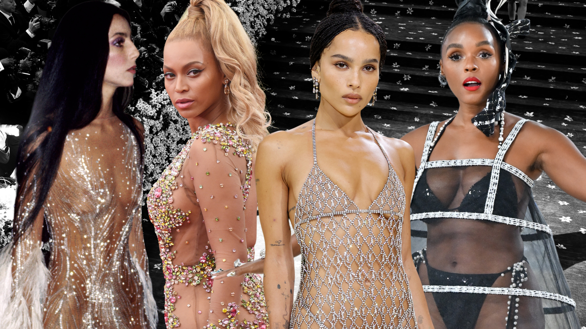 collage of best met gala sheer naked dresses