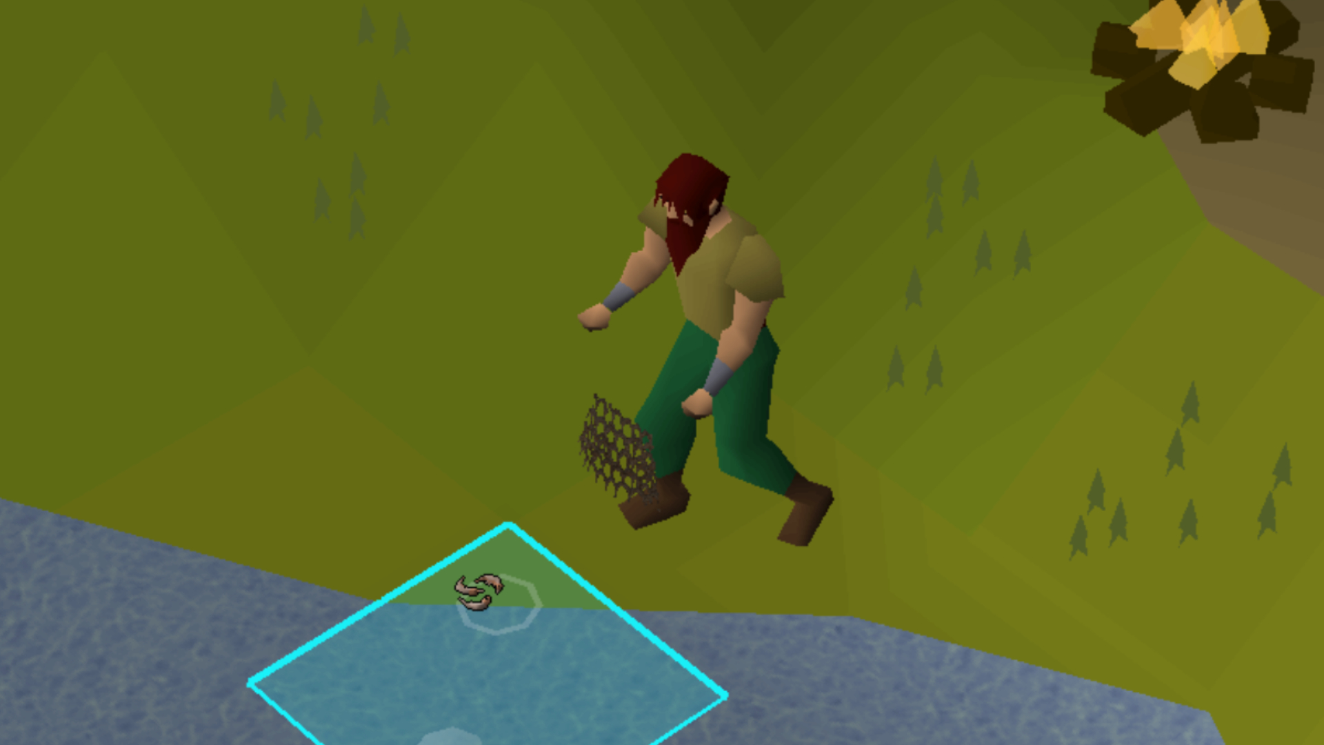A player character fishes for shrimp in Old School RuneScape