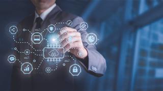 Businessman touching technology network connection for document and digital file storage.global network connection on investor and customer with sale data exchange and development of business. Technology and digital marketing. Financial and banking.