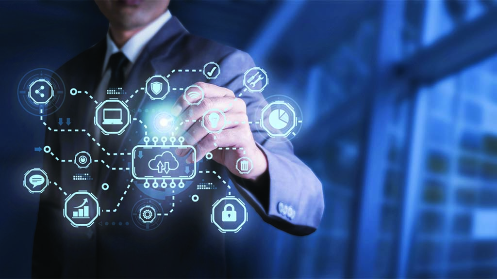 Businessman touching technology network connection for document and digital file storage.global network connection on investor and customer with sale data exchange and development of business. Technology and digital marketing. Financial and banking.
