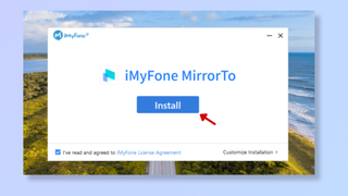 Screenshot of the Windows desktop with the iMyFone MirrorTo app open and a red arrow pointing at Install. 