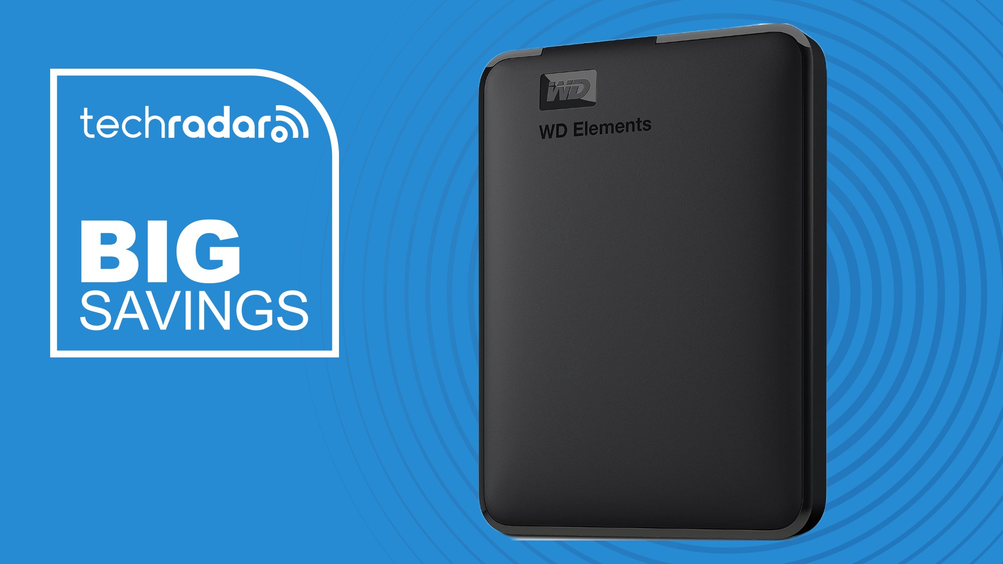 The 6TB WD Elements HDD on a blue background next to a white TechRadar badge in the upper left that reads 'Big Savings' 