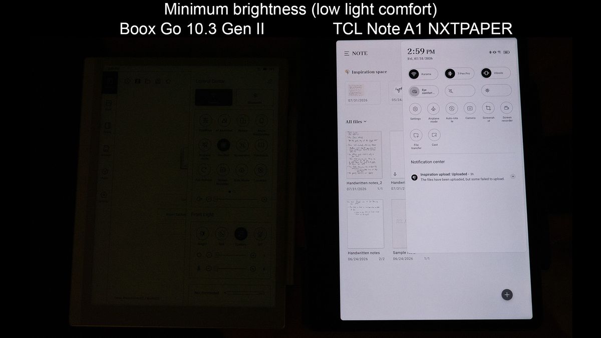 Comparing the minimum brightness output in a dark room between the Boox Go 10.3 Gen II and the TCL Note A1 NXTPAPER