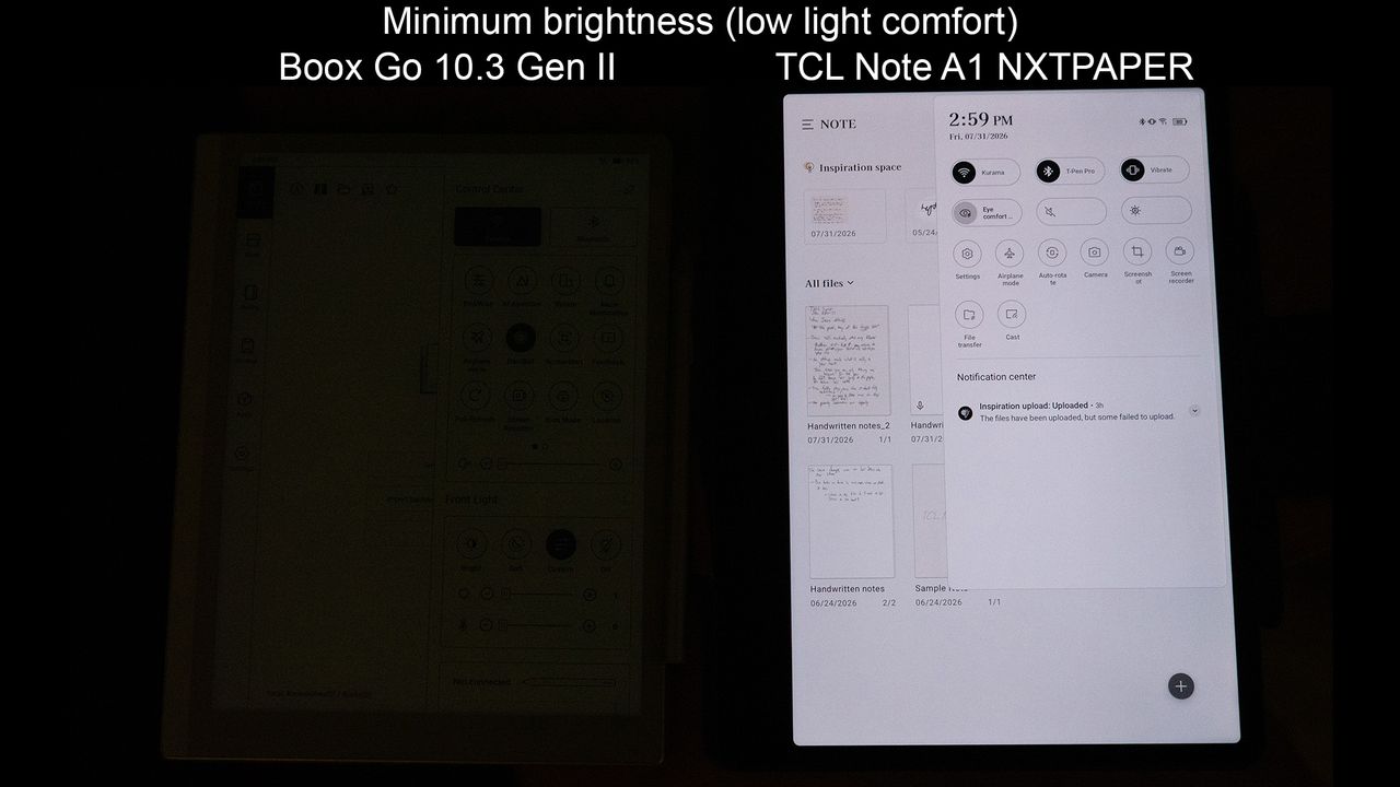 Comparing the minimum brightness output in a dark room between the Boox Go 10.3 Gen II and the TCL Note A1 NXTPAPER