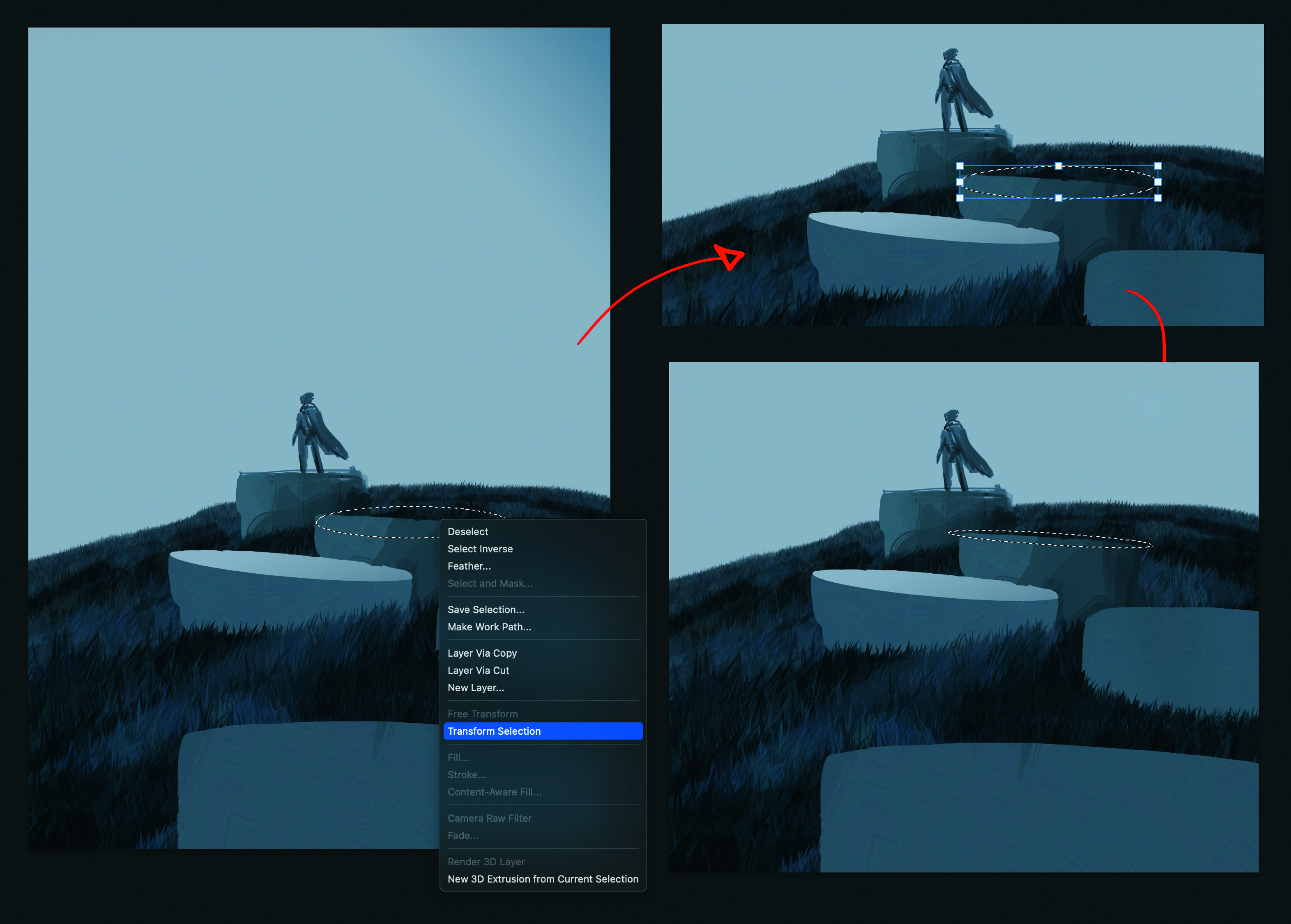 Part of the process of making digital art in Photoshop. The artwork shows a lone figure in a surreal dreamscape