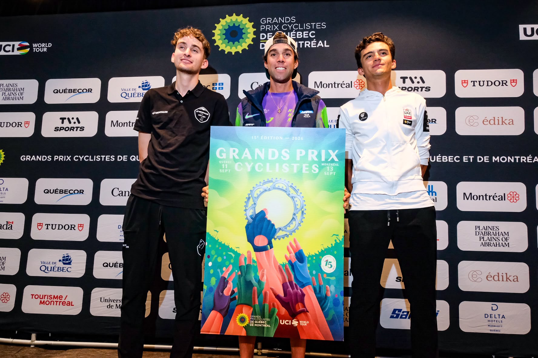 Paul Seixas, Michael Matthews and Isaac del Toro pose at a GP de Qu&amp;eacute;bec media event