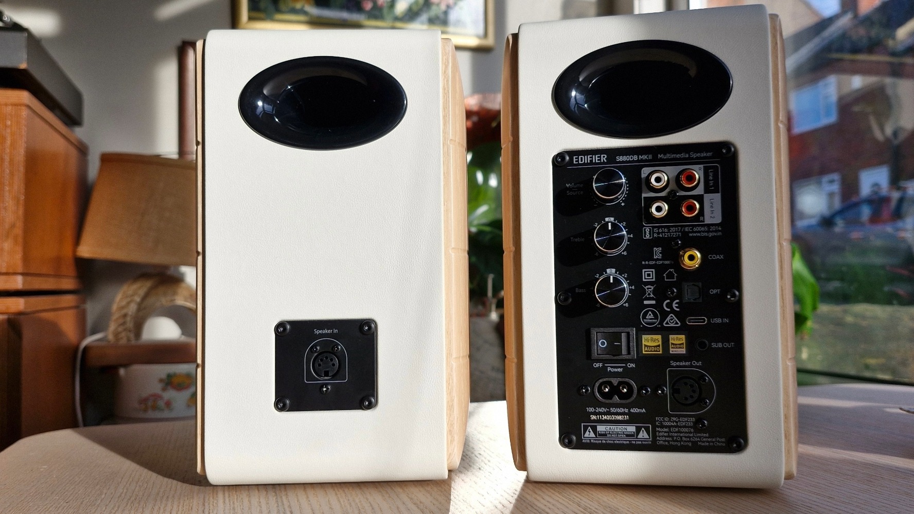 Rear panel of the Edifier S880DB MKII active bookshelf speakers, showing cable terminations.