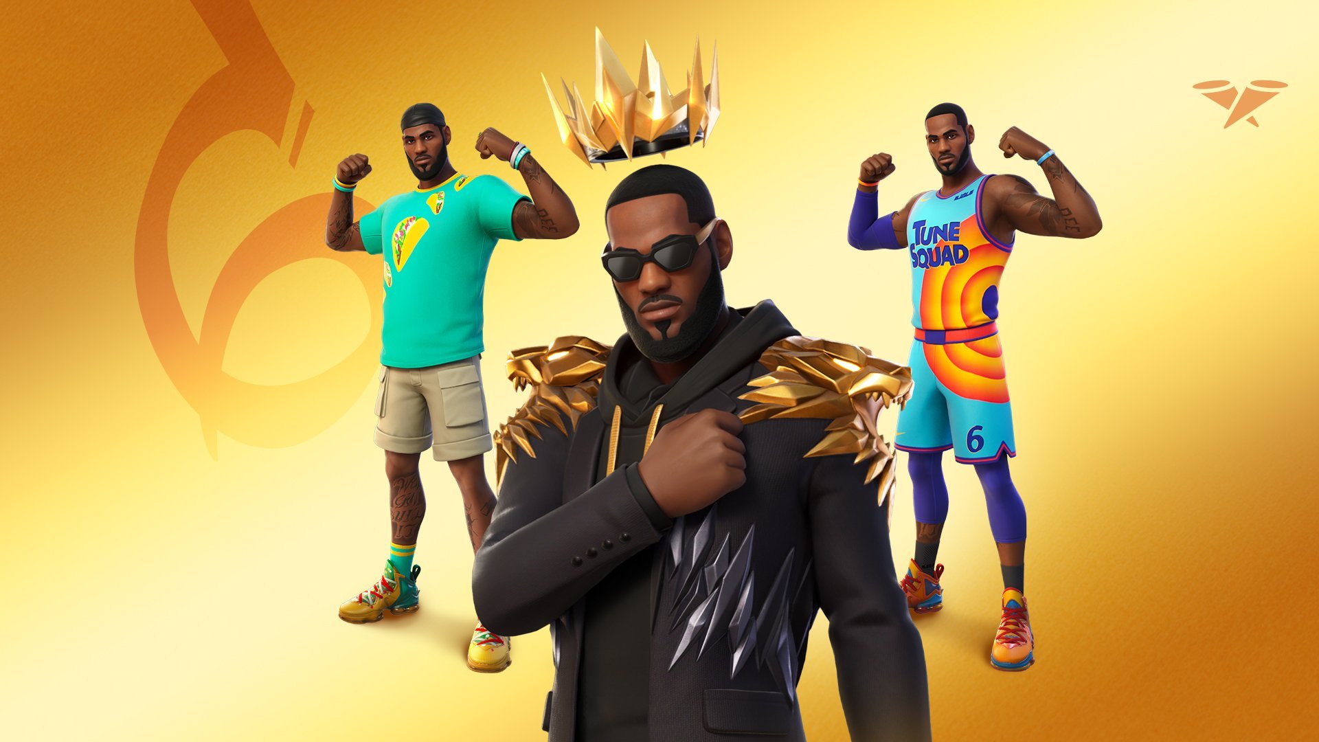 Three LeBron James Fortnite Skin designs. One in a Tune Squad outfit, another wearing a casual look and another with a gold crown.