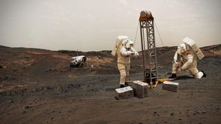 illustration of two astronauts in white spacesuits drilling for water ice on the surface of mars