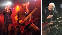 A composite image of Gus G, Ozzy Osbourne and Jimmy Page all onstage.