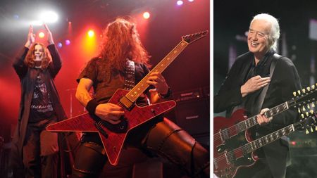A composite image of Gus G, Ozzy Osbourne and Jimmy Page all onstage.
