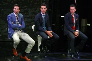 Tom Dumoulin, Fabio Aru and Vincenzo Nibali at the 2018 Giro d'Italia presentation