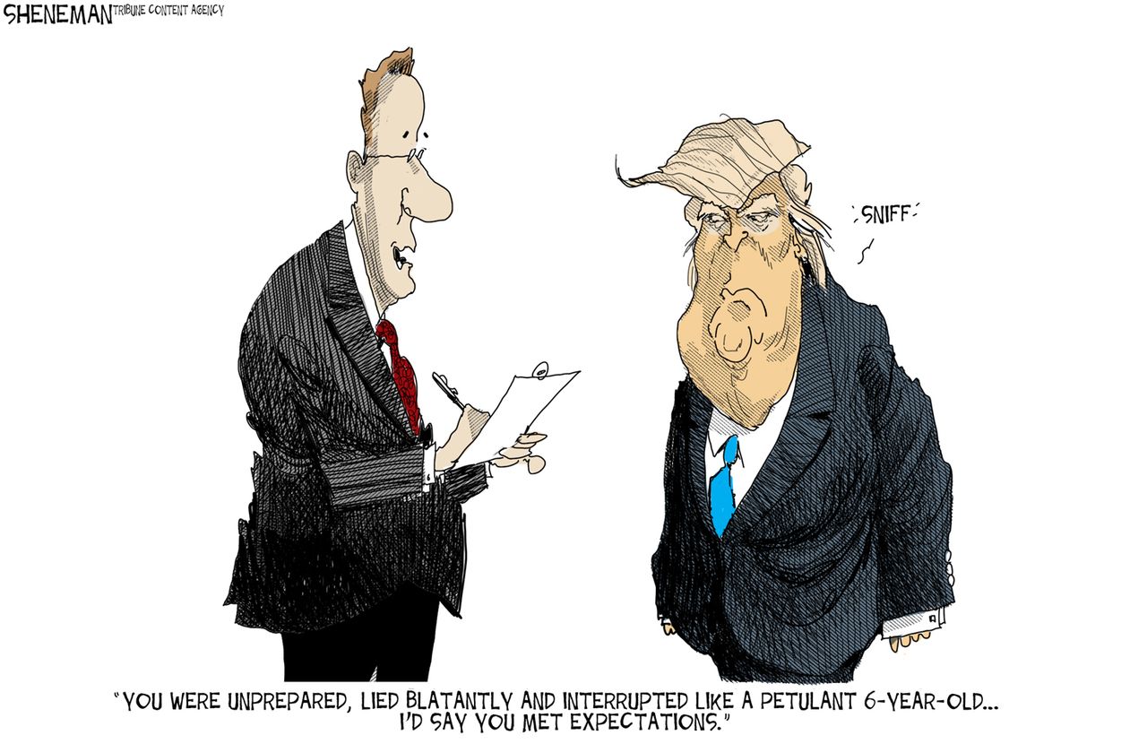 Political cartoon U.S. 2016 election Donald Trump met debate expectations