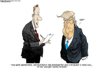 Political cartoon U.S. 2016 election Donald Trump met debate expectations