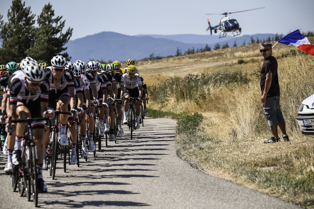 A helicoper captures the action during stage 16 at the Tour de France