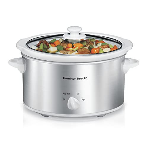 Hamilton Beach 4-Quart Slow Cooker with 3 Cooking Settings, Dishwasher-Safe Stoneware Crock & Glass Lid, Stainless Steel (33140V)