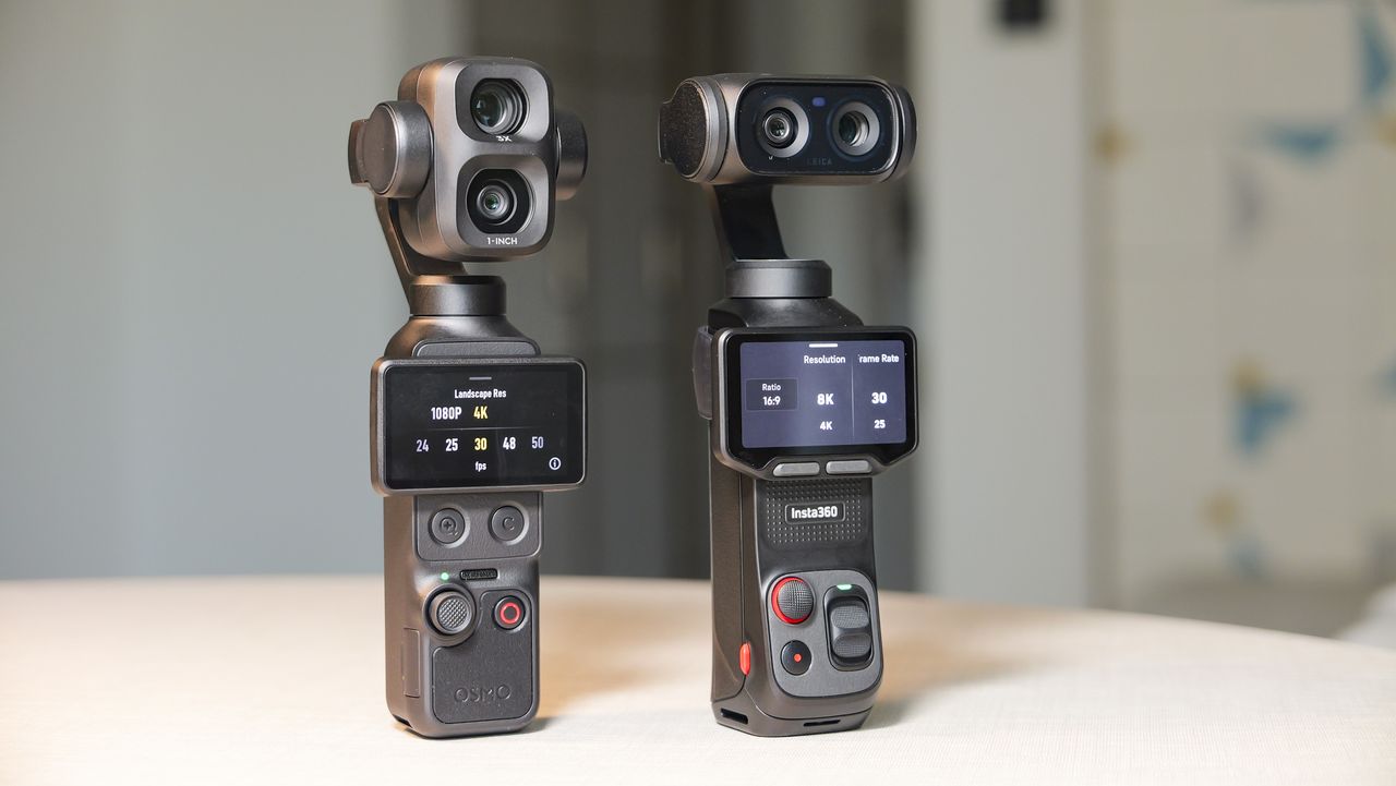 DJI Osmo Pocket 4P vlogging camera on a white desk in modern room, alongside the Insta360 Luna Ultra