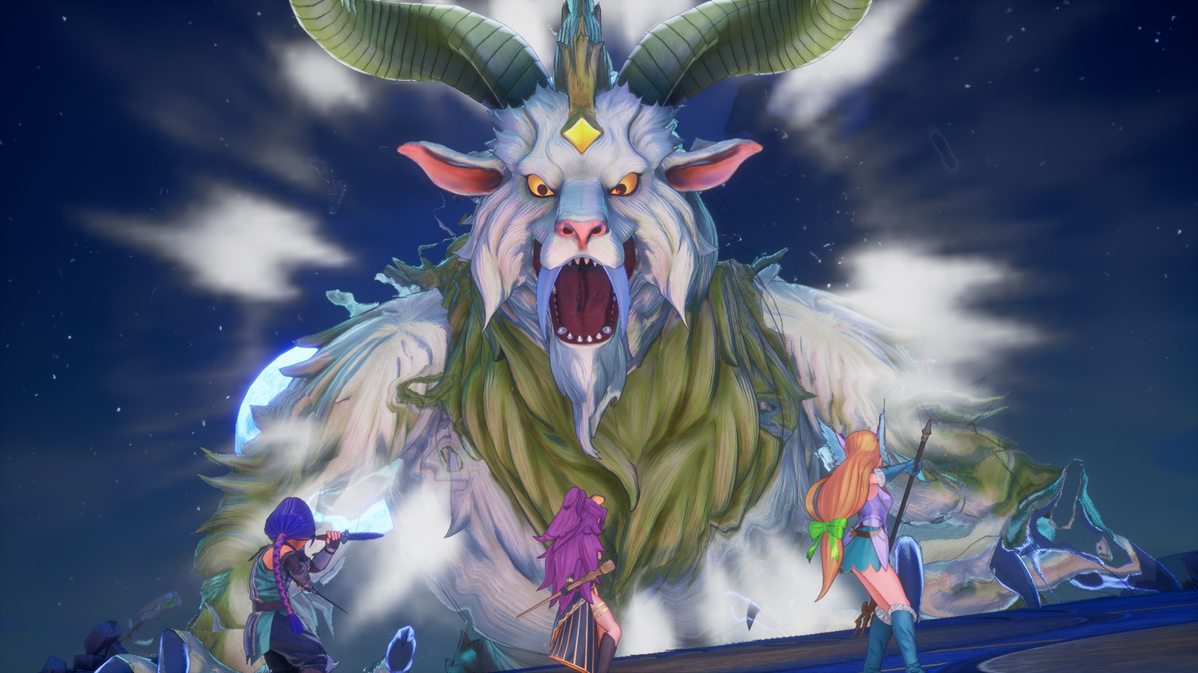 Promotional screenshot of the player fighting a giant monster in Trials of Mana.