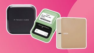 Best label makers; three small label makers on a pink background