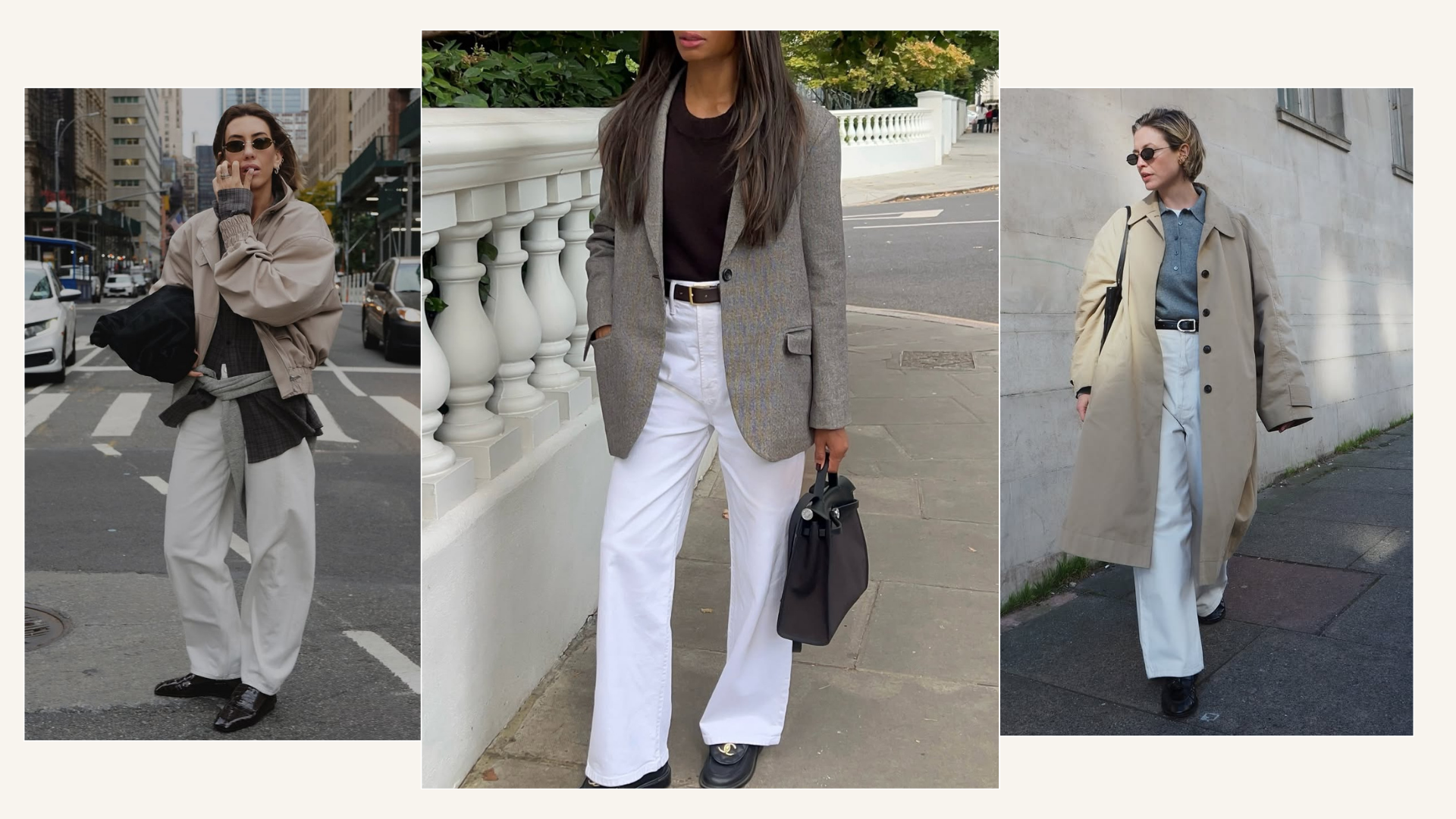 Three ways to wear white jeans and black loafers