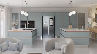 pale blue kitchen with double kitchen islands