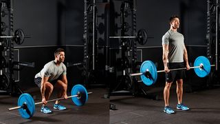 Man demonstrates two positions of the deadlift with a barbell
